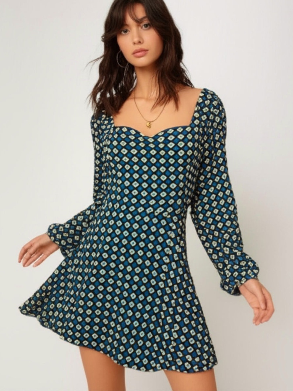 BAND OF THE FREE Genevieve Autumn Teal Diamond Long Sleeve Mini Dress S NWT